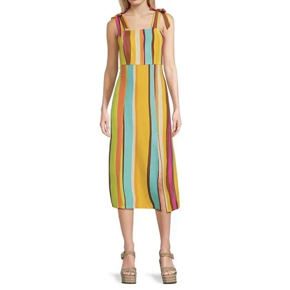 GB Gianni Bini Dress Womens XS Colorful Stripe Tie Shoulder Midi Artsy NWT